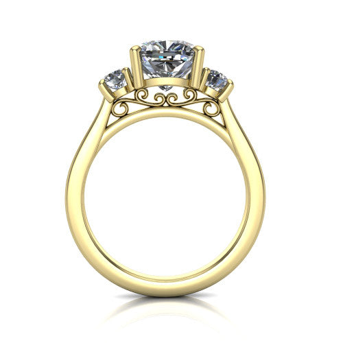 Olivia cushion three stone engagement ring in 14K Yellow Gold, through-finger front profile showing the three-stone head and floral scroll under-gallery