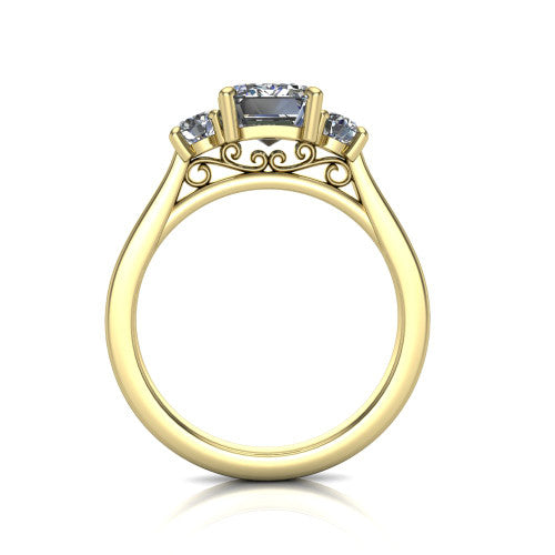 Olivia emerald three stone engagement ring in 14K Yellow Gold, through-finger front profile showing the three-stone head and floral scroll under-gallery