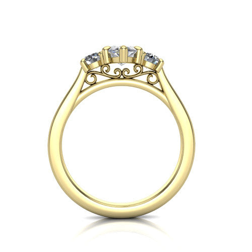 Olivia marquise three stone engagement ring in 14K Yellow Gold, through-finger front profile showing the three-stone head and floral scroll under-gallery