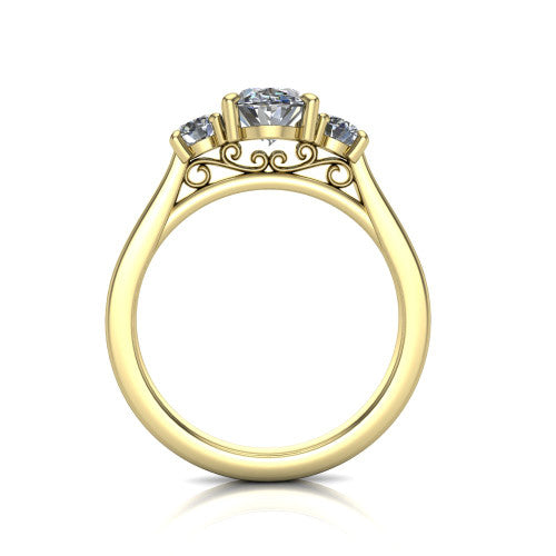 Olivia oval three stone engagement ring in 14K Yellow Gold, through-finger front profile showing the three-stone head and floral scroll under-gallery