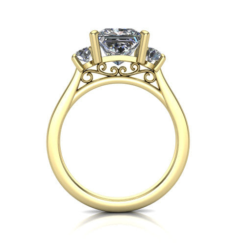 Olivia princess three stone engagement ring in 18K Yellow Gold, through-finger front profile showing the three-stone head and floral scroll under-gallery