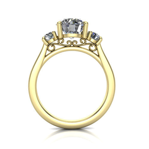 Olivia round three stone engagement ring in 18K Yellow Gold, through-finger front profile showing the three-stone head and floral scroll under-gallery