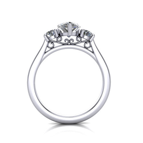 Olivia pear three stone engagement ring in 14K White Gold, through-finger front profile showing the three-stone head and floral scroll under-gallery