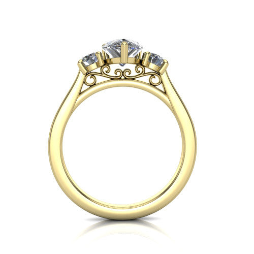 Olivia pear three stone engagement ring in 14K Yellow Gold, through-finger front profile showing the three-stone head and floral scroll under-gallery