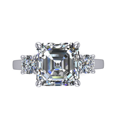 Olivia square emerald three stone engagement ring in 14K White Gold, top-down view showing the step-cut square emerald center diamond with two matched round side diamonds