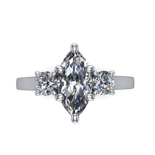 Olivia marquise three stone engagement ring in Platinum, top-down view showing the brilliant marquise center diamond with two matched round side diamonds