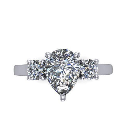 Olivia pear three stone engagement ring in 18K White Gold, top-down view showing the brilliant pear-cut center diamond with two matched round side diamonds