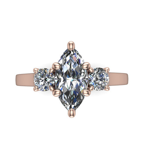 Olivia marquise three stone engagement ring in 14K Rose Gold, top-down view showing the brilliant marquise center diamond with two matched round side diamonds