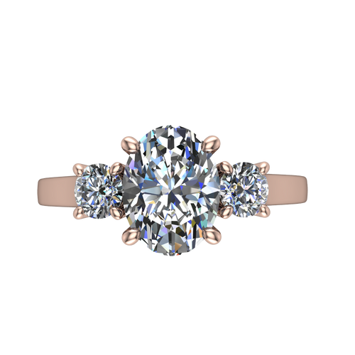 Olivia oval three stone engagement ring in 14K Rose Gold, top-down view showing the brilliant oval center diamond with two matched round side diamonds