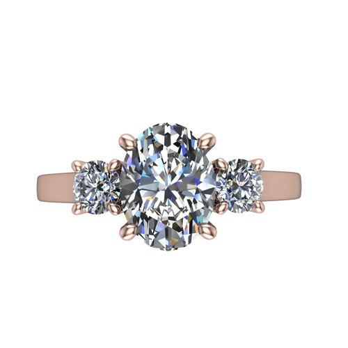 Olivia oval three stone engagement ring in 18K Rose Gold, top-down view showing the brilliant oval center diamond with two matched round side diamonds