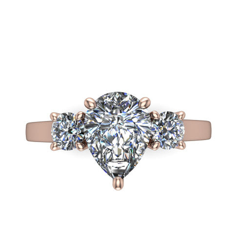 Olivia pear three stone engagement ring in 18K Rose Gold, top-down view showing the brilliant pear-cut center diamond with two matched round side diamonds