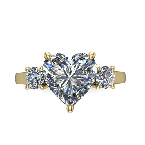 Olivia heart three stone engagement ring in 14K Yellow Gold, top-down view showing the brilliant heart-shaped center diamond with two matched round side diamonds