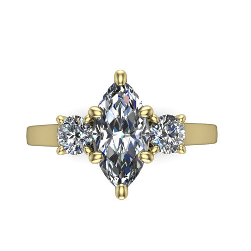 Olivia marquise three stone engagement ring in 18K Yellow Gold, top-down view showing the brilliant marquise center diamond with two matched round side diamonds