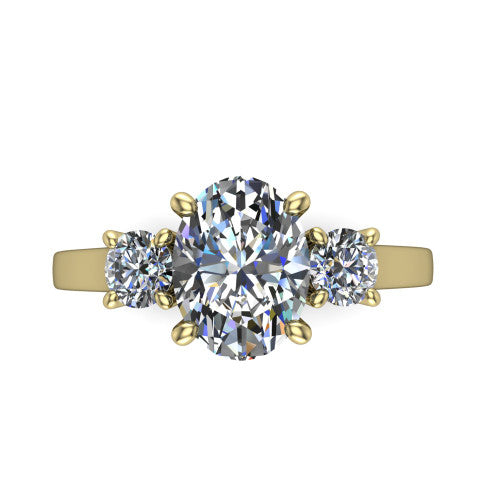 Olivia oval three stone engagement ring in 14K Yellow Gold, top-down view showing the brilliant oval center diamond with two matched round side diamonds