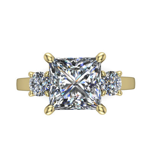 Olivia princess three stone engagement ring in 18K Yellow Gold, top-down view showing the brilliant princess-cut center diamond with two matched round side diamonds