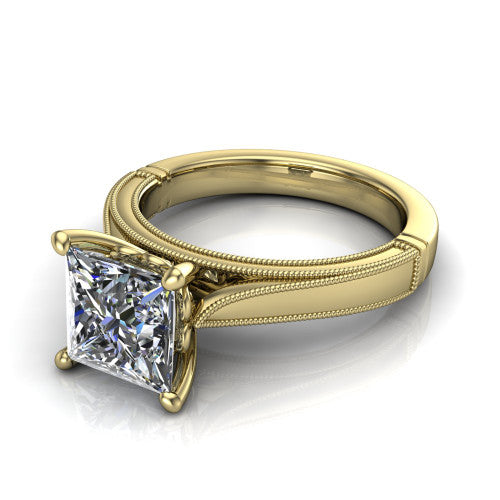 Adeline princess solitaire engagement ring in 18K Yellow Gold, three-quarter perspective showing the brilliant princess-cut center diamond on a wide flat-top milgrain band
