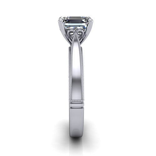 Adeline square emerald solitaire engagement ring in 18K White Gold, side profile showing the wide flat-top band with milgrain bead borders along top and bottom