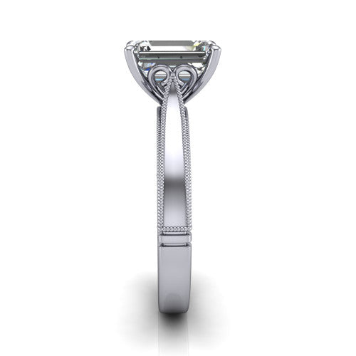 Adeline emerald solitaire engagement ring in 18K White Gold, side profile showing the wide flat-top band with milgrain bead borders along top and bottom