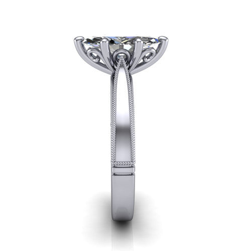Adeline marquise solitaire engagement ring in Platinum, side profile showing the wide flat-top band with milgrain bead borders along top and bottom