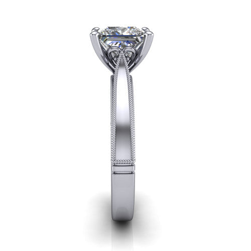 Adeline princess solitaire engagement ring in 18K White Gold, side profile showing the wide flat-top band with milgrain bead borders along top and bottom