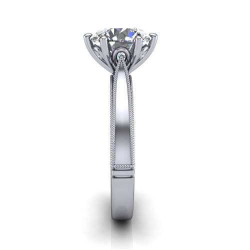 Adeline round solitaire engagement ring in 14K White Gold, side profile showing the wide flat-top band with milgrain bead borders along top and bottom