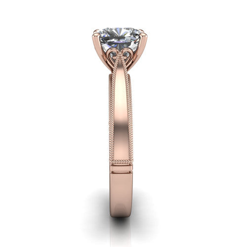 Adeline cushion solitaire engagement ring in 14K Rose Gold, side profile showing the wide flat-top band with milgrain bead borders along top and bottom
