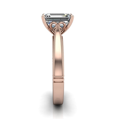 Adeline emerald solitaire engagement ring in 14K Rose Gold, side profile showing the wide flat-top band with milgrain bead borders along top and bottom