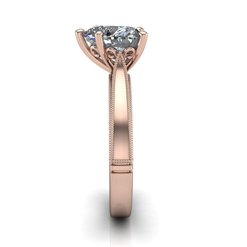 Adeline heart solitaire engagement ring in 18K Rose Gold, side profile showing the wide flat-top band with milgrain bead borders along top and bottom
