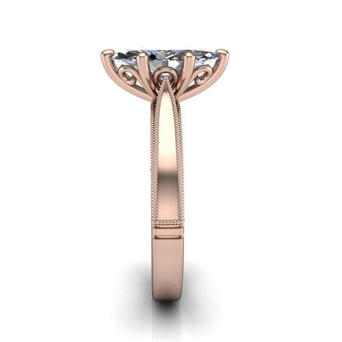 Adeline marquise solitaire engagement ring in 14K Rose Gold, side profile showing the wide flat-top band with milgrain bead borders along top and bottom