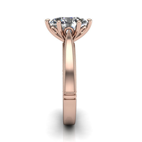 Adeline oval solitaire engagement ring in 18K Rose Gold, side profile showing the wide flat-top band with milgrain bead borders along top and bottom