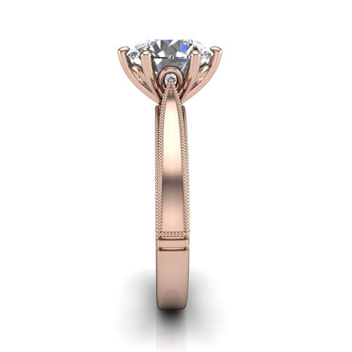 Adeline round solitaire engagement ring in 14K Rose Gold, side profile showing the wide flat-top band with milgrain bead borders along top and bottom