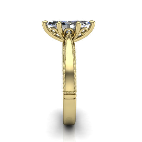 Adeline marquise solitaire engagement ring in 18K Yellow Gold, side profile showing the wide flat-top band with milgrain bead borders along top and bottom