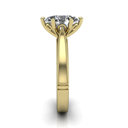 Adeline oval solitaire engagement ring in 18K Yellow Gold, side profile showing the wide flat-top band with milgrain bead borders along top and bottom