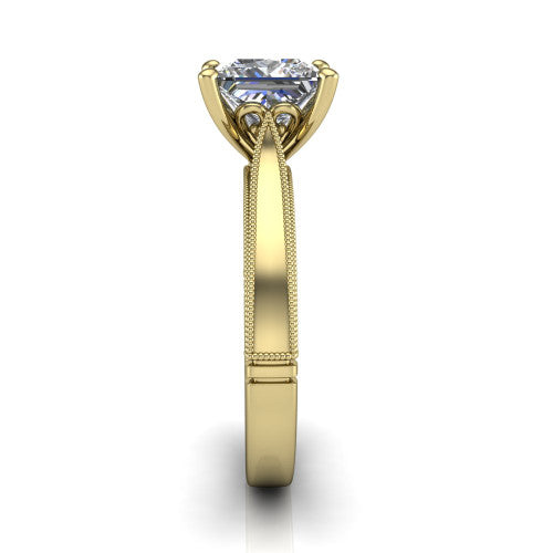 Adeline princess solitaire engagement ring in 18K Yellow Gold, side profile showing the wide flat-top band with milgrain bead borders along top and bottom