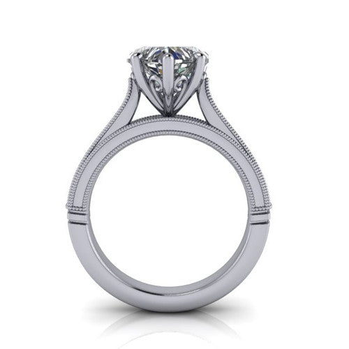 Adeline heart solitaire engagement ring in 14K White Gold, through-finger front profile showing the heart filigree under-gallery and milgrain band edges