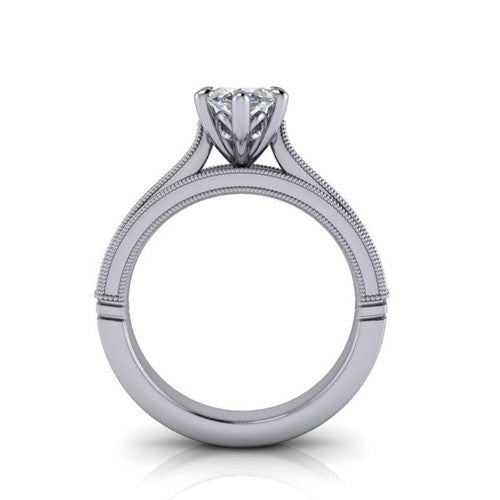 Adeline marquise solitaire engagement ring in 18K White Gold, through-finger front profile showing the heart filigree under-gallery and milgrain band edges