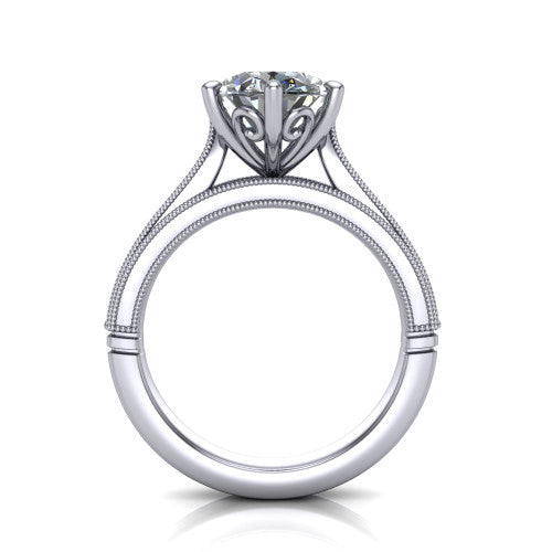Adeline oval solitaire engagement ring in 18K White Gold, through-finger front profile showing the heart filigree under-gallery and milgrain band edges