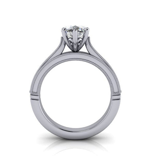 Adeline pear solitaire engagement ring in 18K White Gold, through-finger front profile showing the heart filigree under-gallery and milgrain band edges