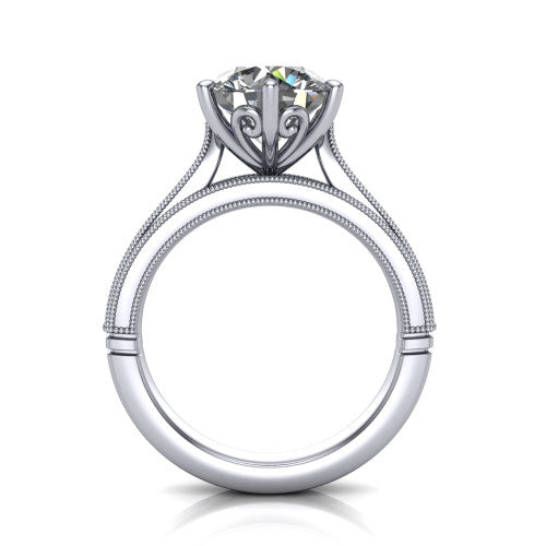 Adeline round solitaire engagement ring in 14K White Gold, through-finger front profile showing the heart filigree under-gallery and milgrain band edges