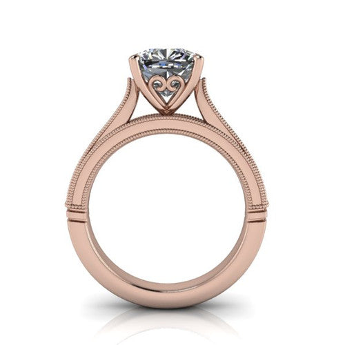 Adeline cushion solitaire engagement ring in 18K Rose Gold, through-finger front profile showing the heart filigree under-gallery and milgrain band edges
