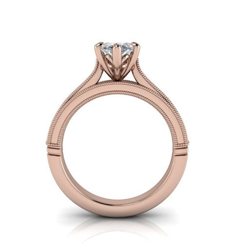 Adeline marquise solitaire engagement ring in 14K Rose Gold, through-finger front profile showing the heart filigree under-gallery and milgrain band edges