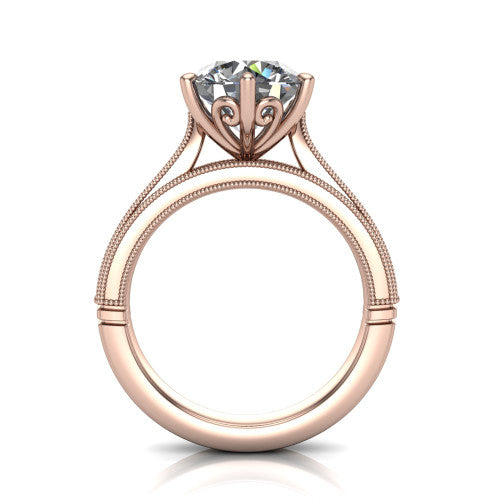 Adeline round solitaire engagement ring in 14K Rose Gold, through-finger front profile showing the heart filigree under-gallery and milgrain band edges