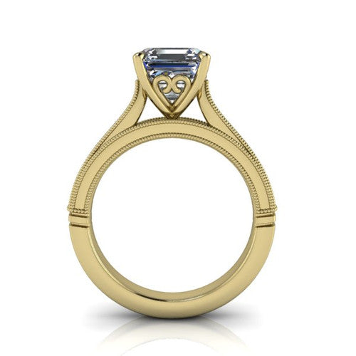 Adeline square emerald solitaire engagement ring in 14K Yellow Gold, through-finger front profile showing the heart filigree under-gallery and milgrain band edges