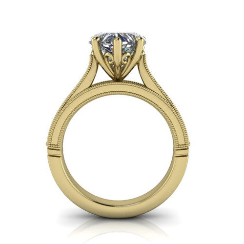 Adeline heart solitaire engagement ring in 14K Yellow Gold, through-finger front profile showing the heart filigree under-gallery and milgrain band edges