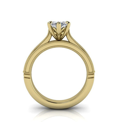 Adeline marquise solitaire engagement ring in 18K Yellow Gold, through-finger front profile showing the heart filigree under-gallery and milgrain band edges