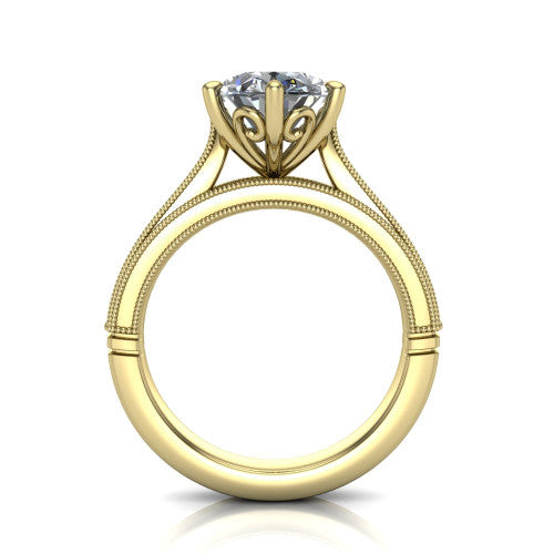 Adeline oval solitaire engagement ring in 14K Yellow Gold, through-finger front profile showing the heart filigree under-gallery and milgrain band edges