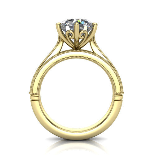 Adeline round solitaire engagement ring in 14K Yellow Gold, through-finger front profile showing the heart filigree under-gallery and milgrain band edges