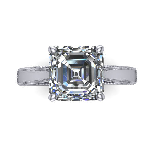 Adeline square emerald solitaire engagement ring in 18K White Gold, top-down view showing the step-cut square emerald center diamond held by four prongs above a squared milgrain band