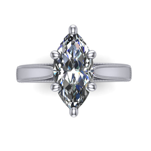 Adeline marquise solitaire engagement ring in 18K White Gold, top-down view showing the brilliant marquise center diamond held by four prongs above a squared milgrain band