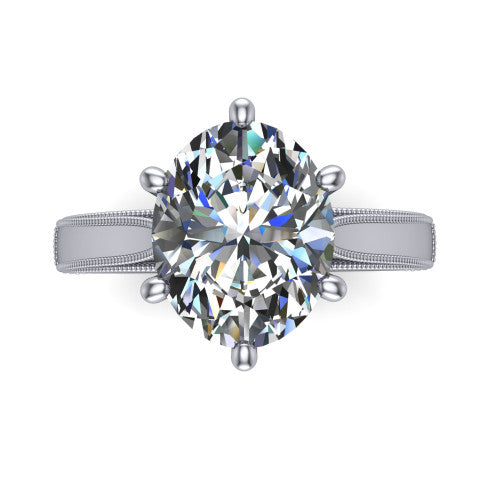Adeline oval solitaire engagement ring in Platinum, top-down view showing the brilliant oval center diamond held by four prongs above a squared milgrain band